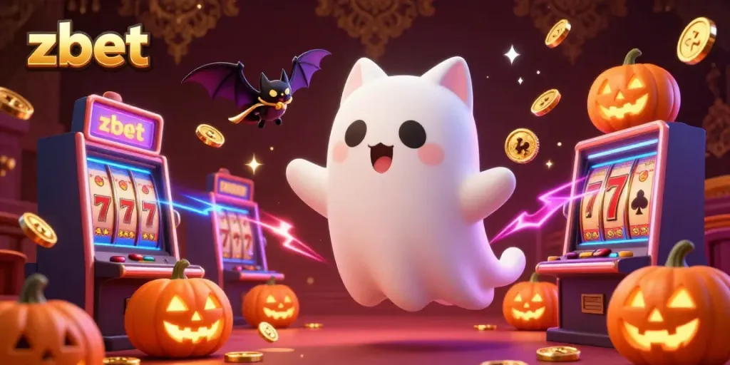 Experience the exciting world of zbet with a ghost cat and vampire bat amidst vibrant casino elements.