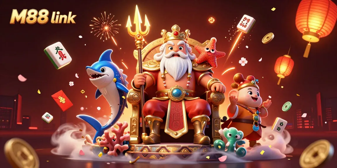 Experience the excitement of M88 link through a vibrant 3D illustration showcasing dynamic casino elements.