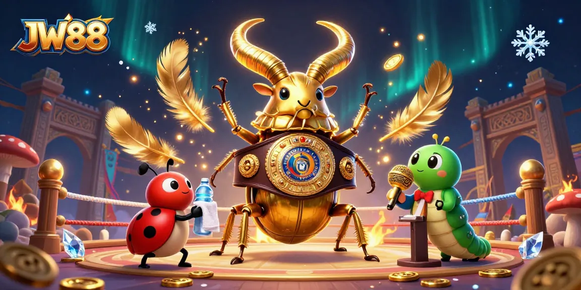 JW88 features an exciting casino scene with a golden stag beetle champion, emphasizing vibrant gambling action.