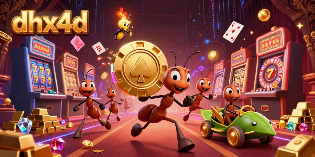 Tim semut 3D membawa chip poker emas di kasino dengan keseruan dhx4d.