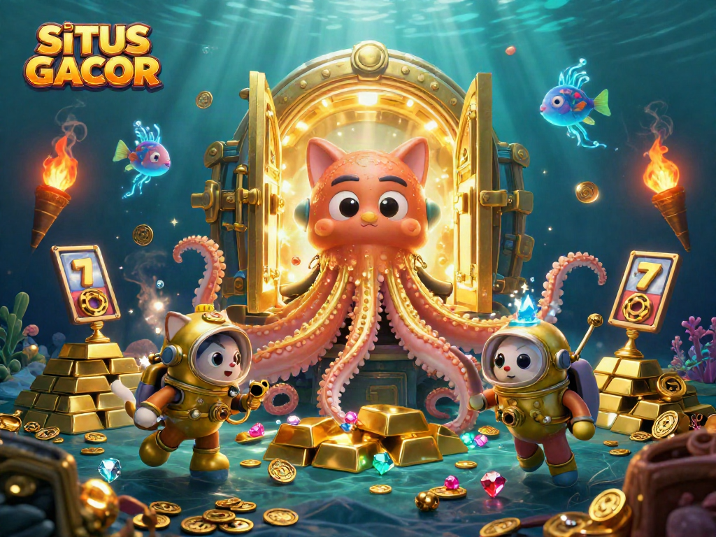 SITUS GACOR showcases a kraken and diving cat amidst a treasure-filled underwater scene, emphasizing winning slots.