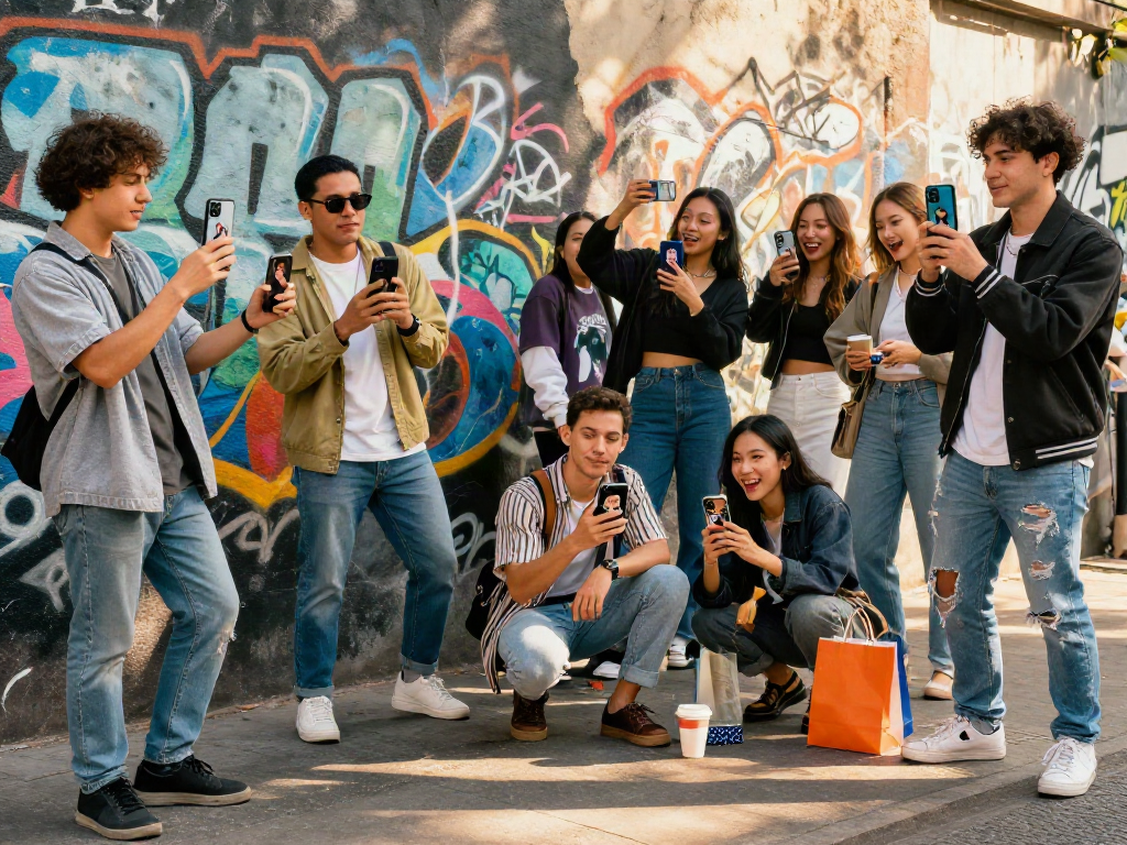 Group of friends playfully discovering who they look like celebrities in a vibrant urban setting.