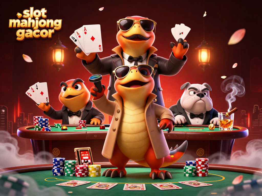 Play slot mahjong gacor with three raptors humorously attempting casino entry, surrounded by vibrant gaming elements.