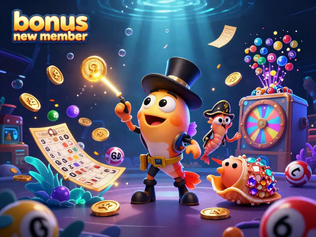 Engage with the exciting bonus new member rewards showcased through vibrant lottery elements and playful sea creatures.