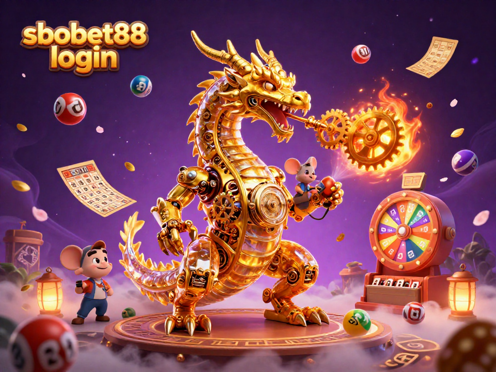 Experience sbobet88 login with a vibrant 3D scene featuring a golden dragon, lottery elements, and magical effects.
