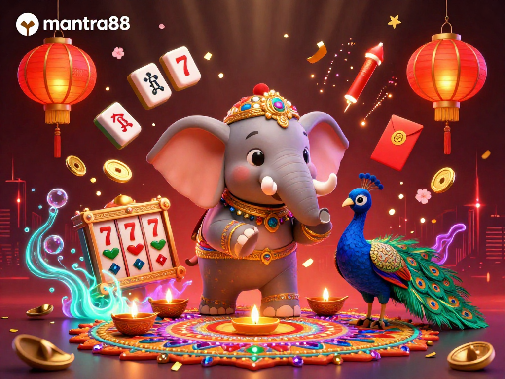 Engage with mantra88's vibrant casino experience through a colorful 3D illustration featuring lucky symbols.