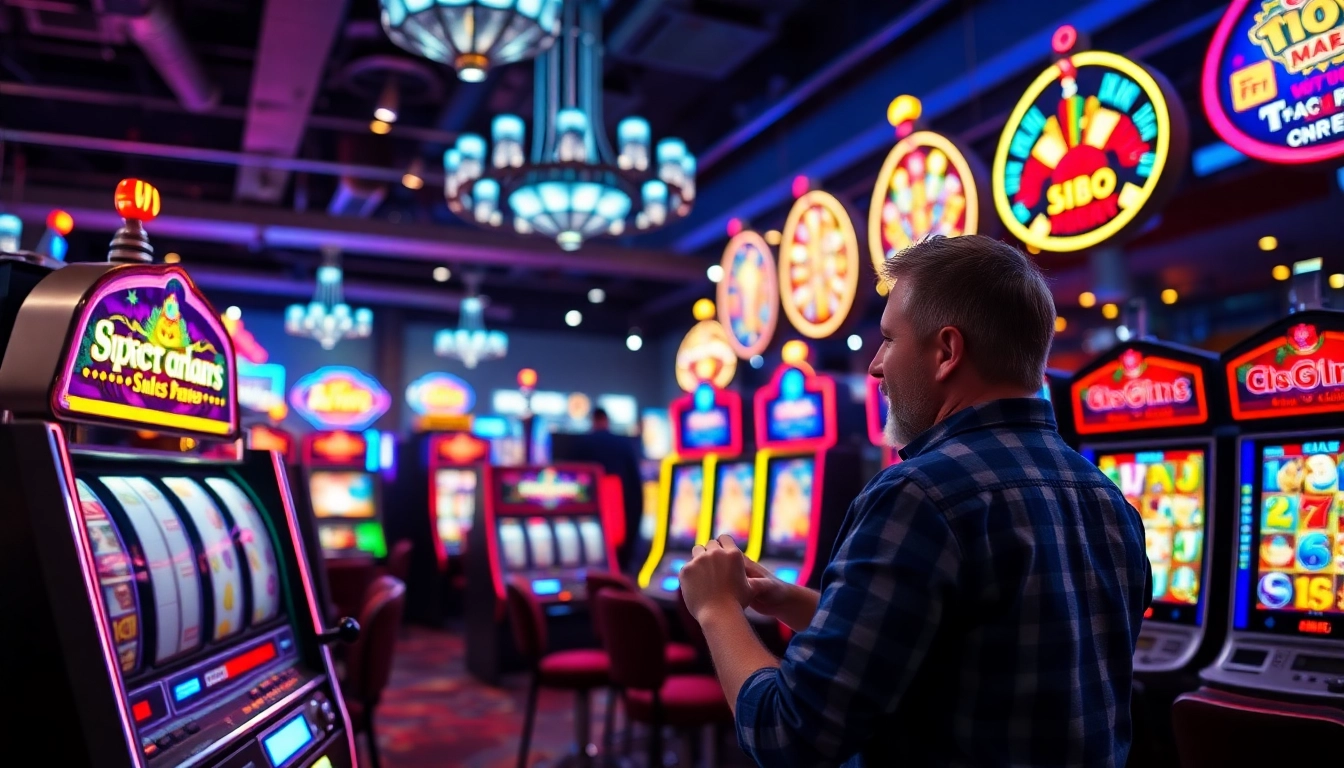Engaging slot gambling scene with a player at a vibrant slot machine, capturing excitement.