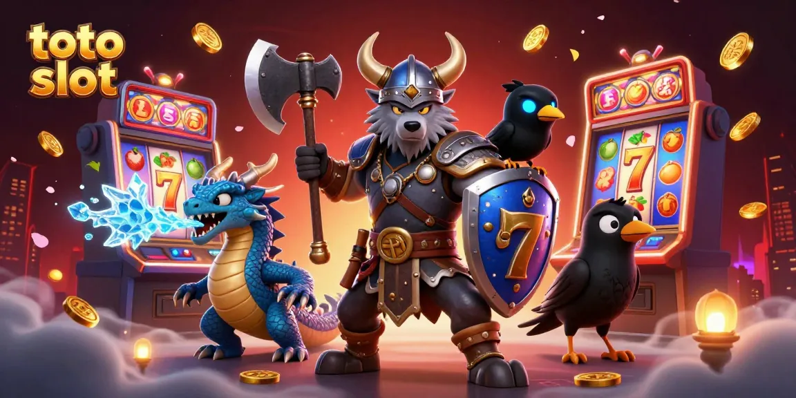 Spin the reels and win big at toto slot with a dynamic 3D illustration of Viking heroism and thrilling casino elements.