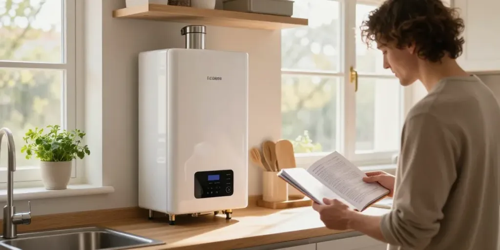 Homeowner inspecting a hot water tank in a modern kitchen, emphasizing hot water tanks.