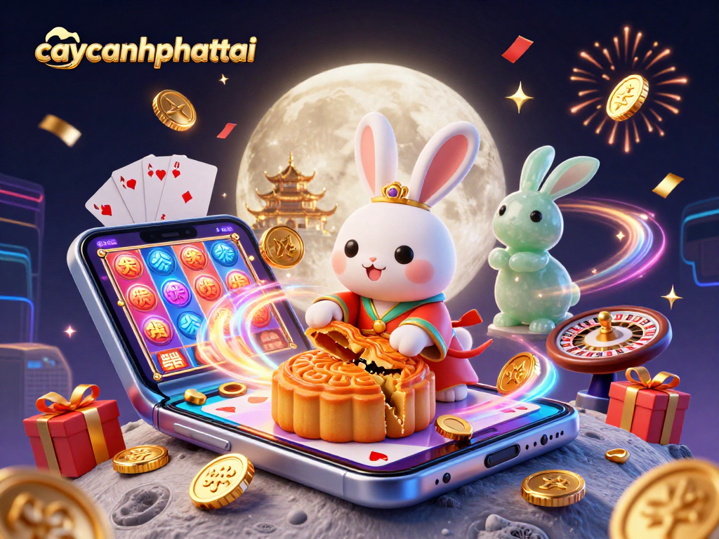 Engage in exciting gameplay with caycanhphattai, featuring the moon rabbit, poker chips, and vibrant slots!