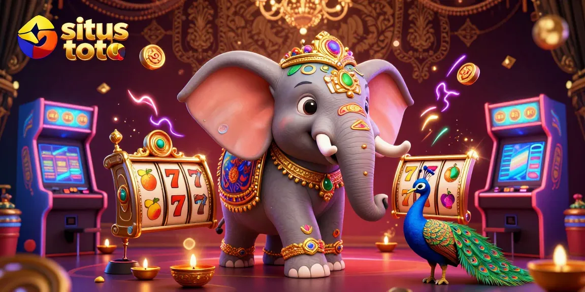 Experience the excitement of situs toto slot with vibrant 3D casino elements, including colorful slot reels and more.
