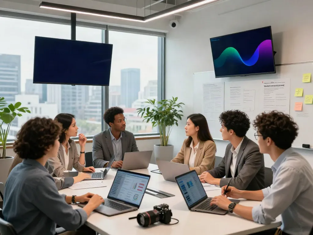 Business professionals discussing strategies for more bonuses in a modern office.