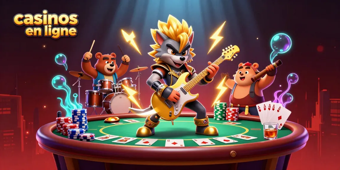 Illustration dynamique sur les casinos en ligne, mettant en scène un loup rock star et un ours batteur sur scène avec un décor de poker.