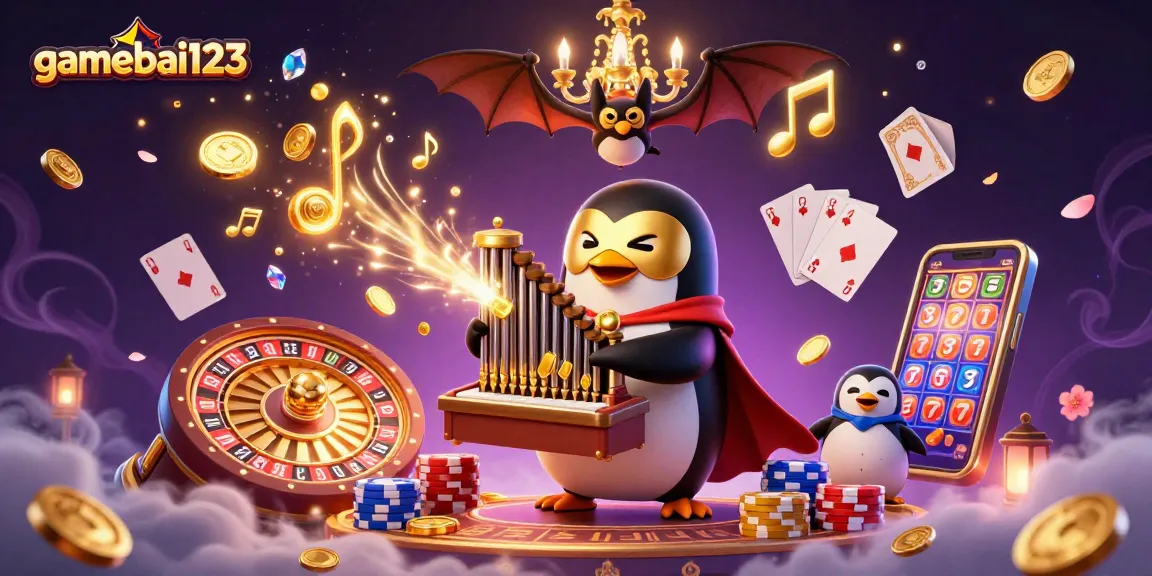 Play the exciting gamebai123 with a magical scene of a penguin and bat, featuring golden coins and gems.