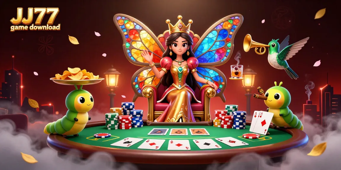 Experience the thrill of JJ77 game download with vibrant casino elements and energetic characters.