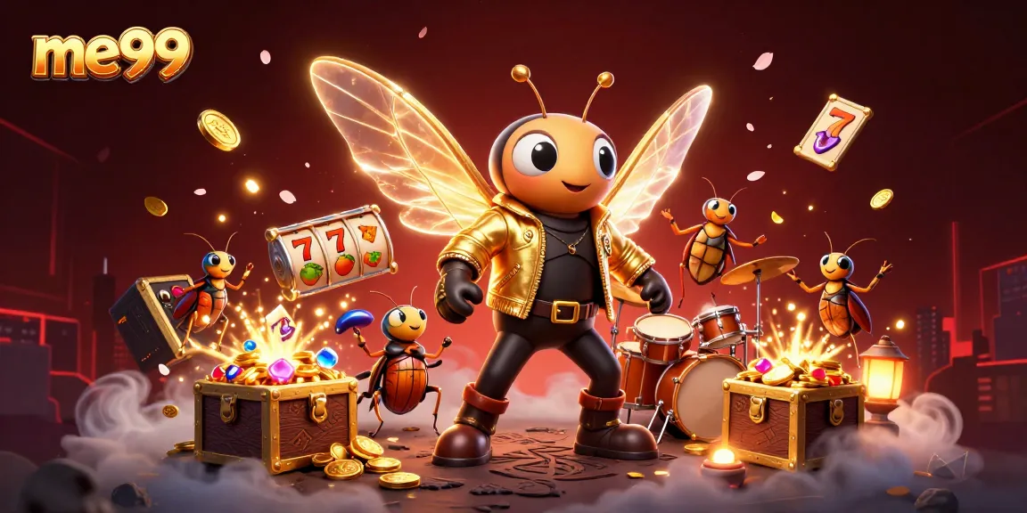 me99 casino experience featuring a 3D cicada rock star and vibrant game elements.