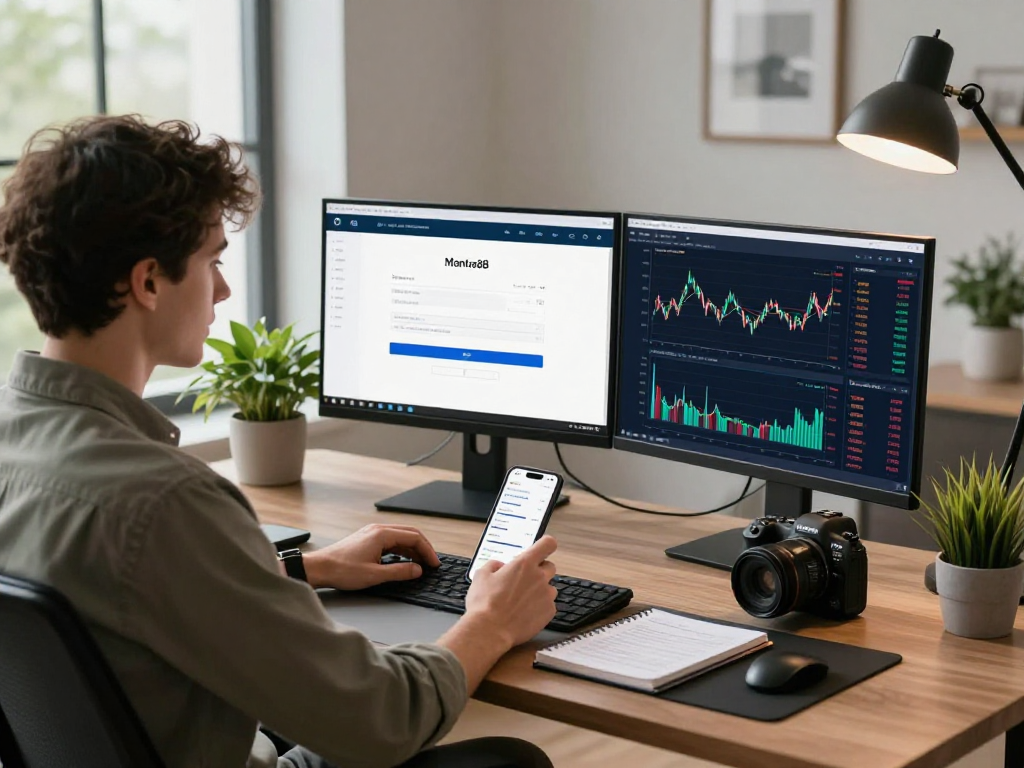 Engaged user accessing mantra88 login on multiple screens in a modern finance workspace.