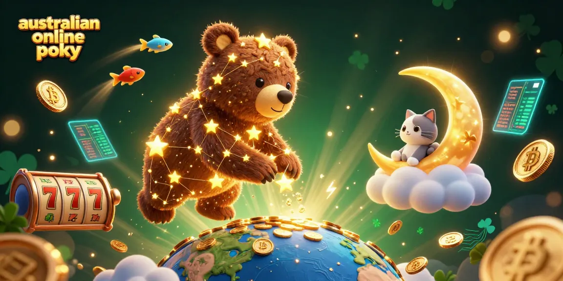 Play exciting australian online pokies with a constellation bear scooping up coins under a starry sky.