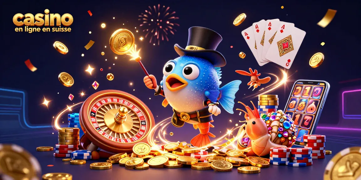 Jouez au casino en ligne en Suisse avec une scène de casino dynamique et colorée.