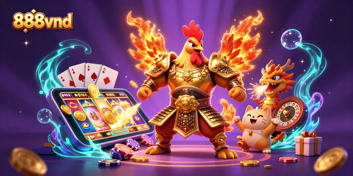 Experience excitement at 888vnd with a stunning illustration of a warrior rooster and dragon in an interactive gaming scene.