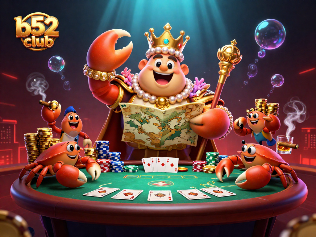 Engage with b52club's thrilling poker scene featuring a golden crab emperor and vibrant casino elements.
