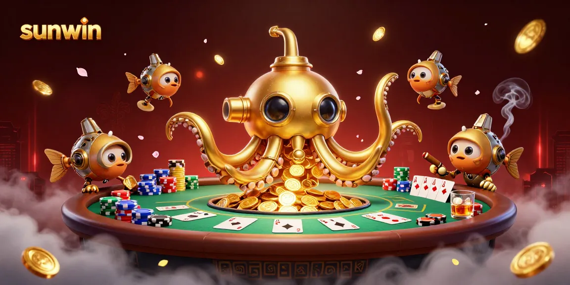 Experience thrilling poker action with the sunwin kraken submarine amid swirling gold coins and chips.