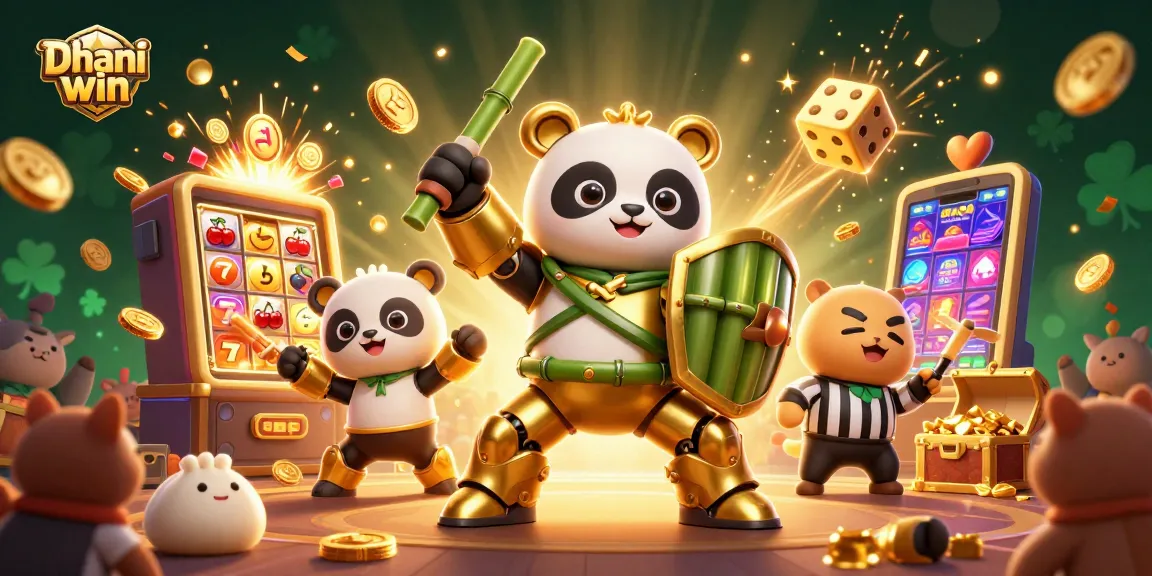 Dhani win gaming excitement with a lively 3D golden panda mech-suit battling in a jackpot explosion scene.