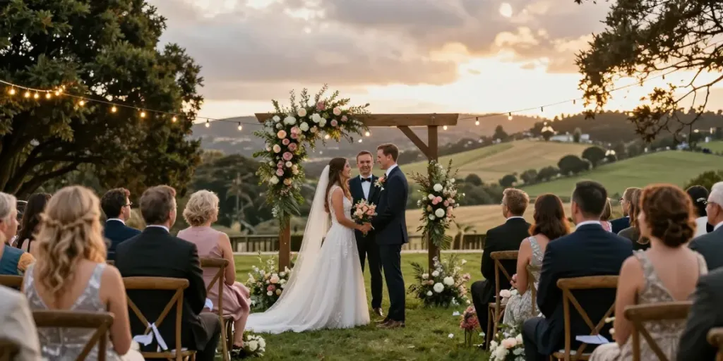 Documentary wedding photographer in Dunedin capturing a couple's emotional vows in a scenic outdoor venue.