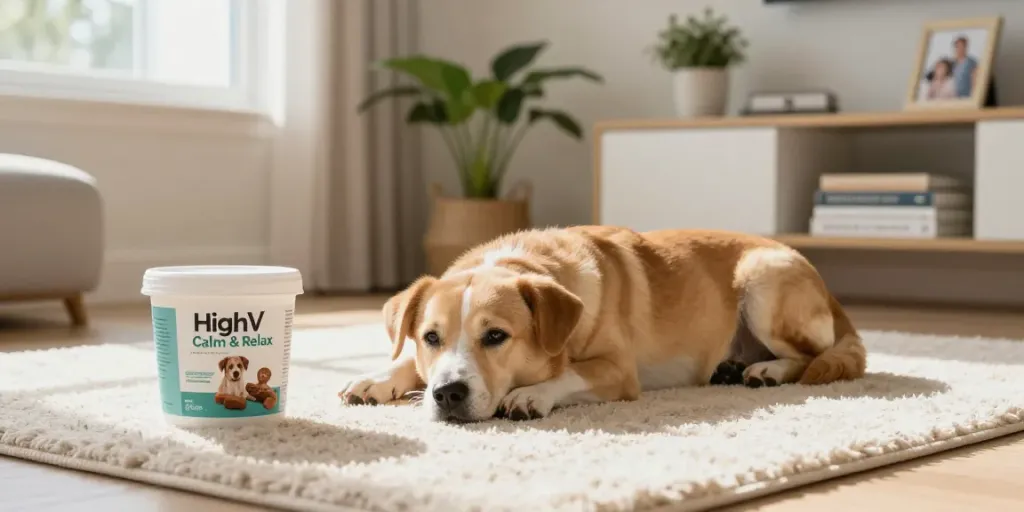 Calming Dog Treats next to a relaxed dog in a cozy living room.