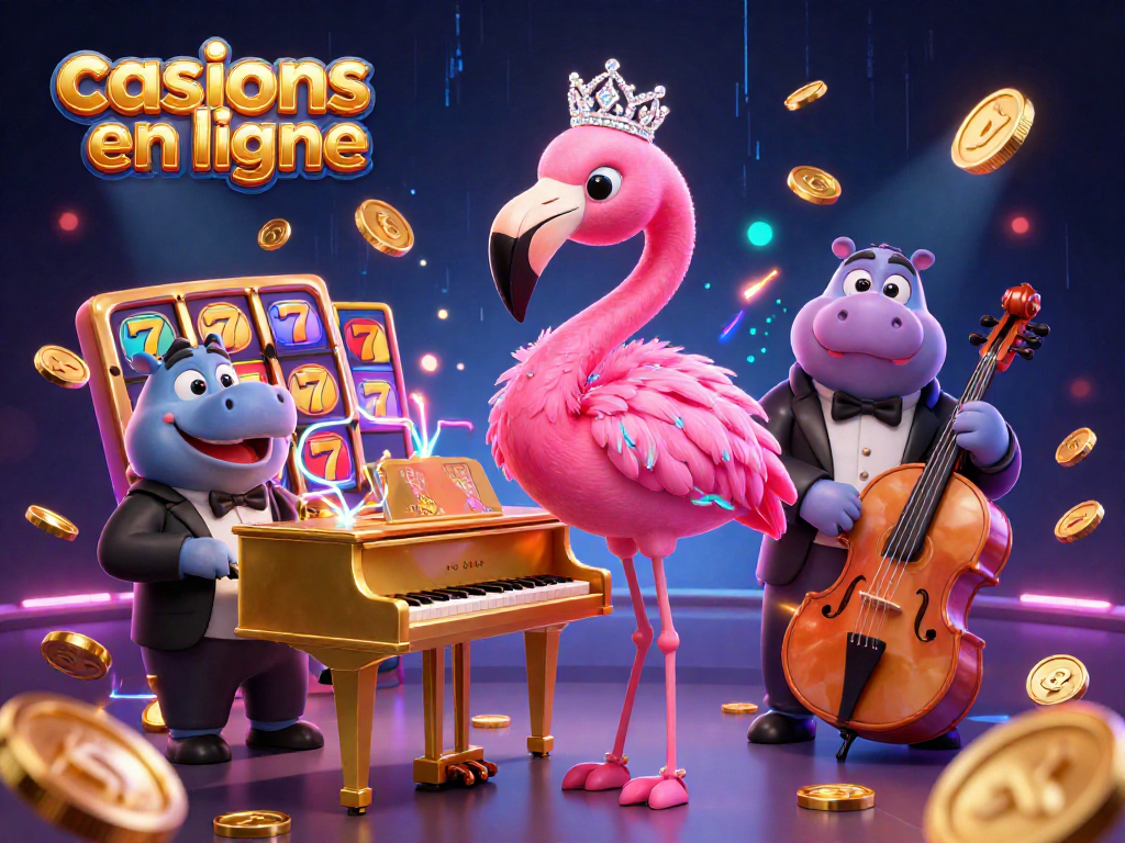 Visualisez une scène dynamique de casinos en ligne avec un chanteur flamant et un bassiste hippopotame, décorée de jetons et de pièces d'or.