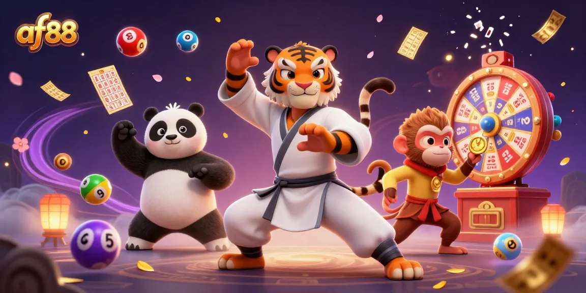 Engage with af88’s vibrant gaming world featuring a kung fu tiger master and dynamic lottery elements.