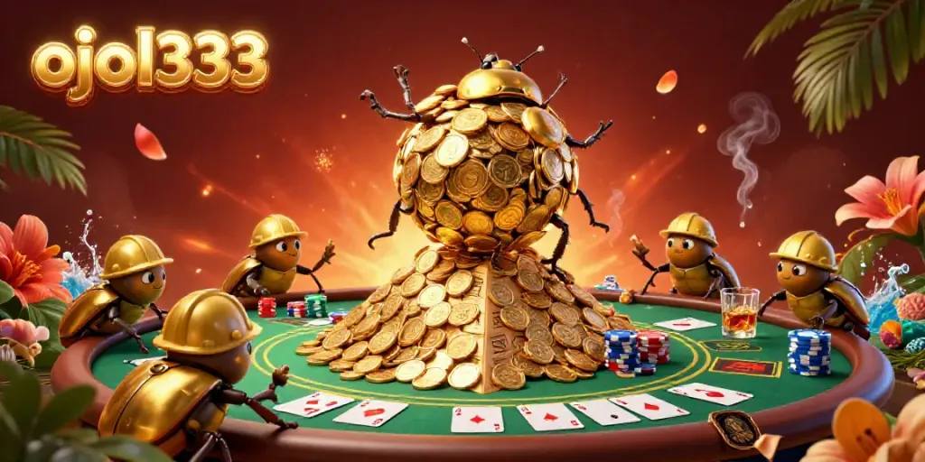 Experience thrilling gaming action with ojol333's vibrant online casino scene filled with gold coins and poker elements.