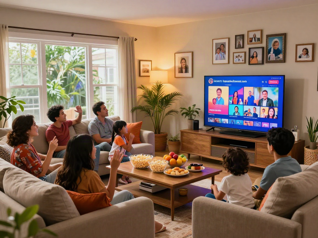 Joyful family watching content from kapamilyachannel.com in a cozy living room