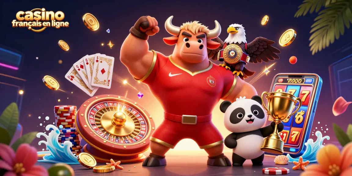 Jouez dans un casino français en ligne avec ce visuel énergique de la mascotte, l'aigle et un panda gagnant des prix.