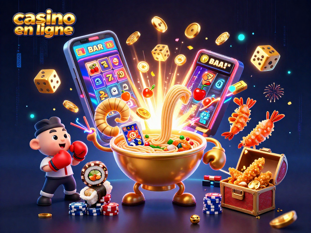 Jouer au casino en ligne avec un bol de ramen géant et ses personnages amusants dans une scène dynamique.