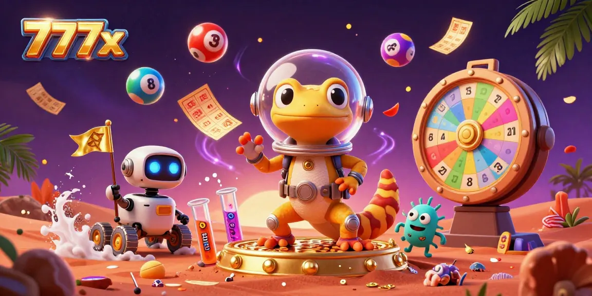 Experience thrilling wins at 777x with a vibrant illustration of a Martian gecko discovering a golden casino.