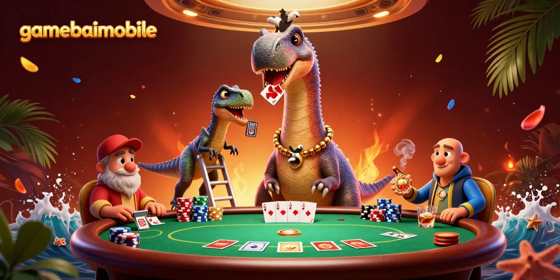 Gamebaimobile features a whimsical 3D scene with a giant dinosaur watching poker activity.
