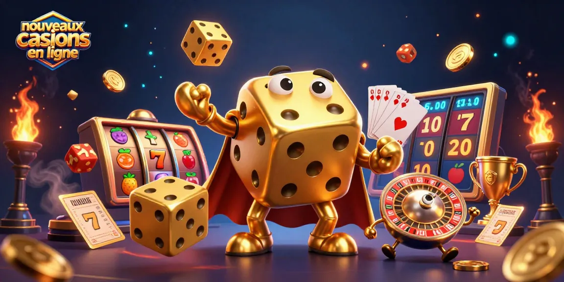 Jouez dans les nouveaux casinos en ligne avec des personnages de dés et de cartes, entourés d'éléments de casino.