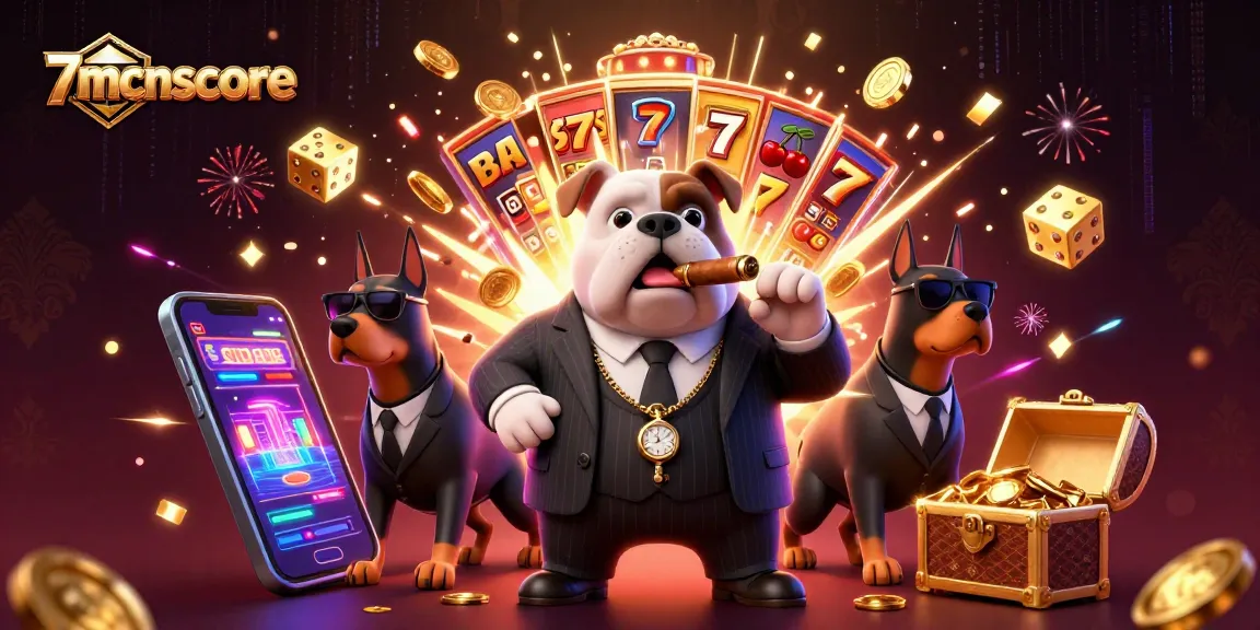 Spin jackpots with the 7mcnscore mafia boss surrounded by slot game symbols and treasures.
