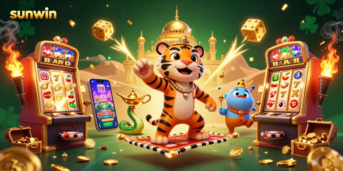 Spin the reels with sunwin's vibrant illustrated 3D casino scene featuring jackpot excitement.