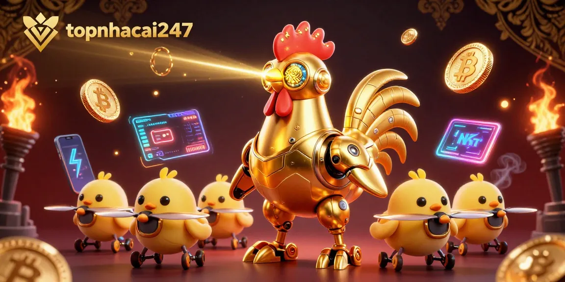 Experience thrilling gaming with topnhacai247's golden rooster robot in an engaging crypto scene.