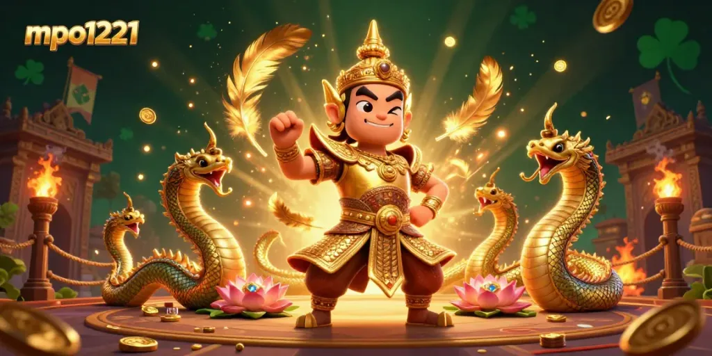 Engage with mpo1221 at a vibrant casino scene featuring a friendly Thai guardian with Naga serpents.