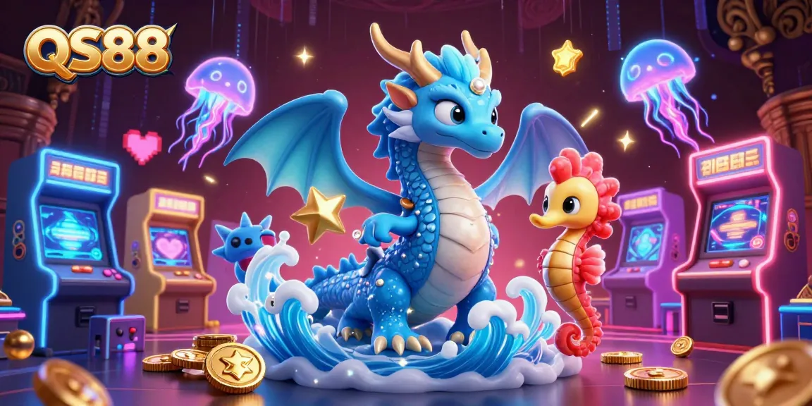Play exciting games at QS88 with the majestic water dragon and glowing jellyfish in this vibrant illustration.