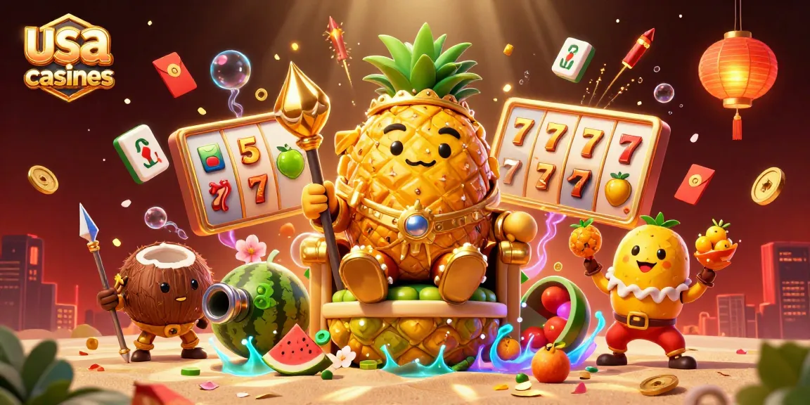Engage with top usa online casinos featuring vibrant characters and slot elements in a lively beach scene.