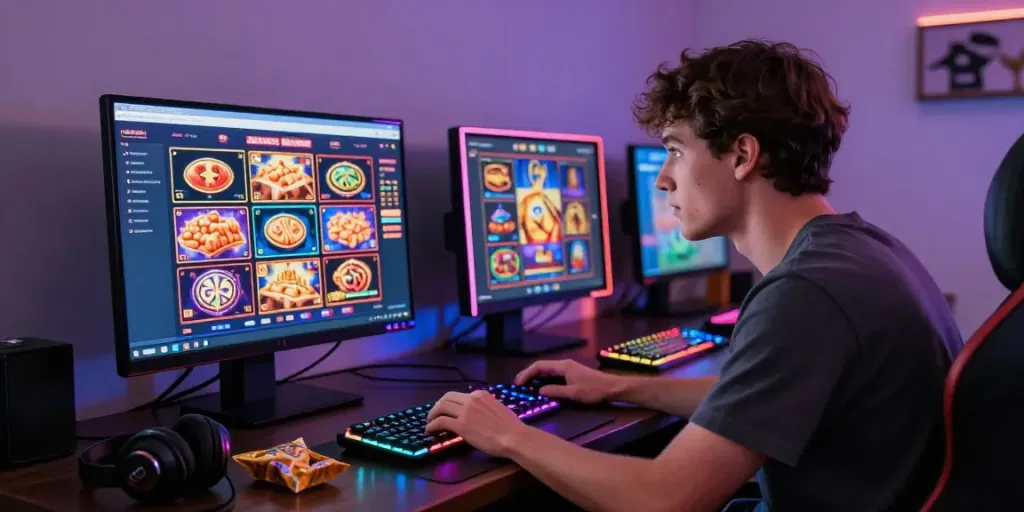 Interactive gaming experience with สล็อตเว็บตรง on laptop, vibrant atmosphere, enthusiastic player.