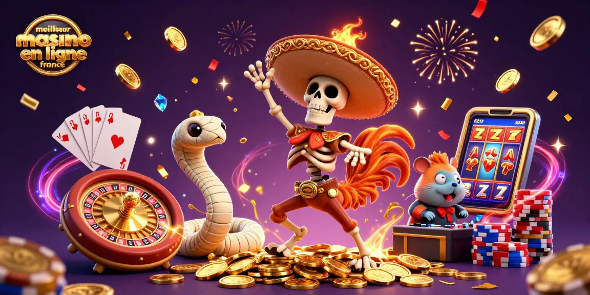 Découvrez le meilleur casino en ligne France avec une scène festive et ludique remplie de jeux et de personnages cartoon.