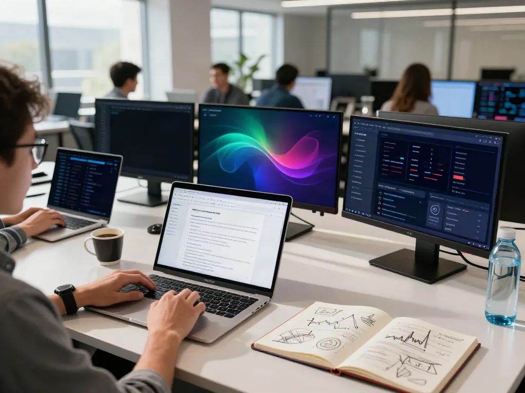 Nikkei 225 real-time API research scene, showcasing cryptocurrency charts and DeFi tools in a modern workspace