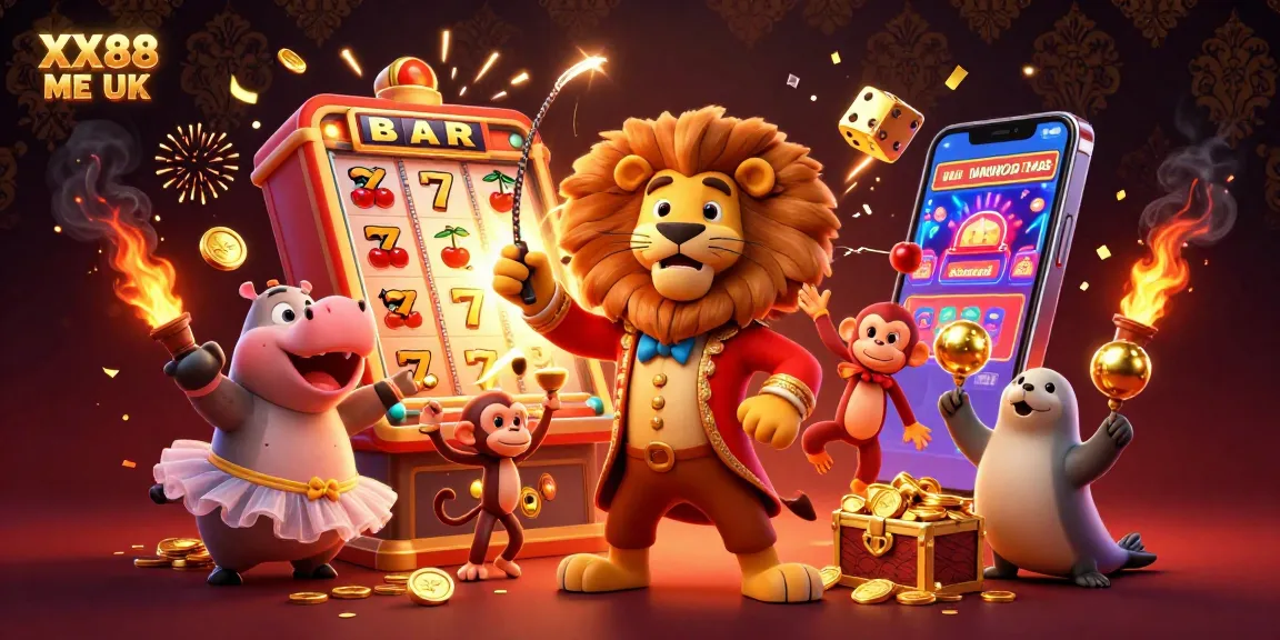 Experience the excitement of XX88 ME UK with a vibrant 3D casino scene bursting with jackpots and fun.