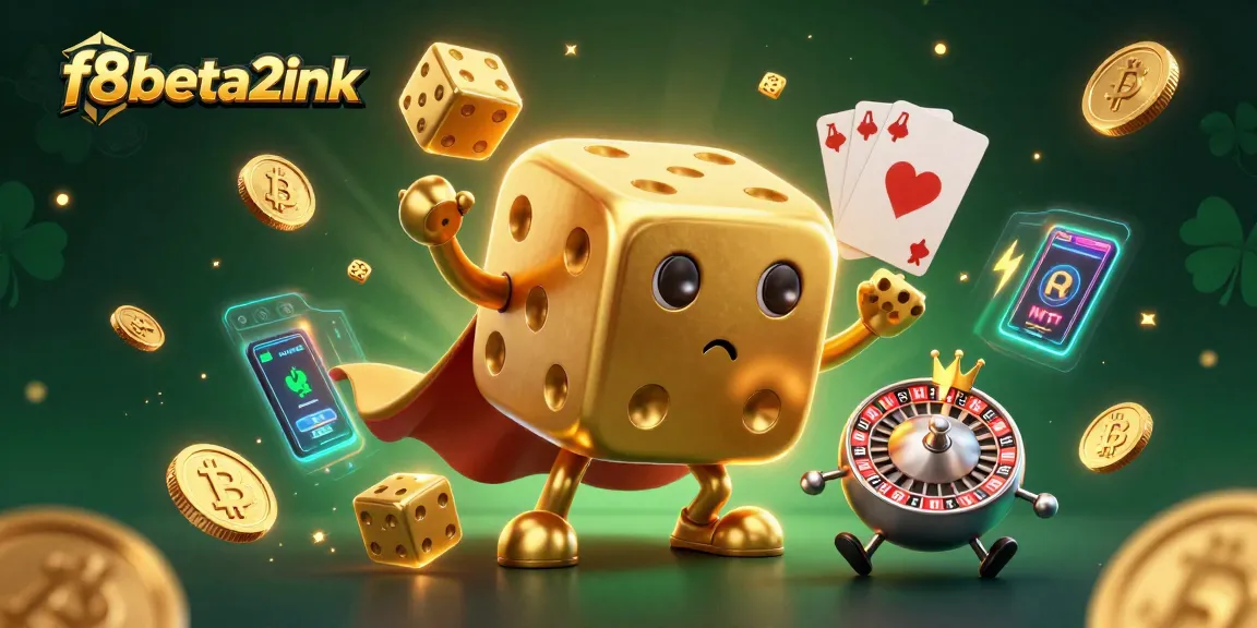 Engage with f8beta2ink's dynamic casino scene showcasing golden dice and cryptocurrency elements.
