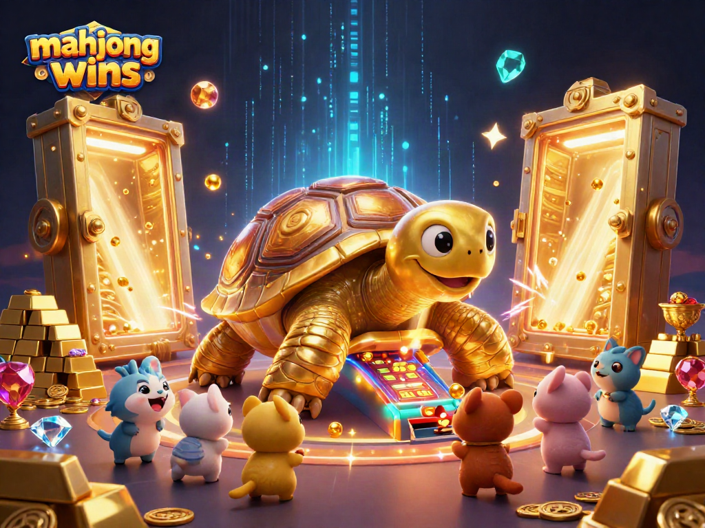 Experience mahjong wins with a vibrant scene featuring a colossal tortoise and treasures.